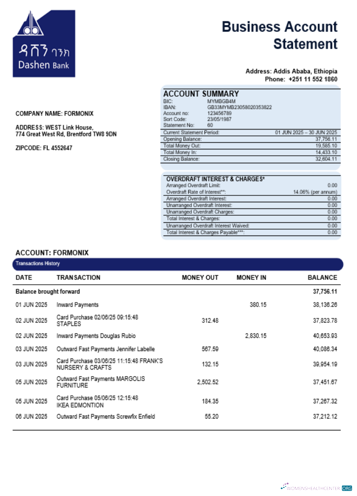 Download Dashen bank company statement Word and PDF format Photoshop template